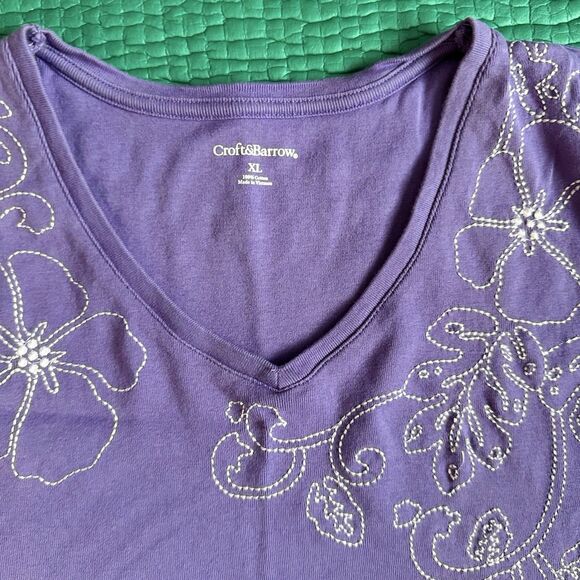 Vintage Croft & Barrow Top Women  XL Purple Floral Embroidered Hawaiian Tropical - Picture 11 of 16